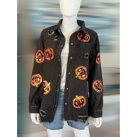 sequin pumpkin distressed denim top M L XL - Picture 5 of 10